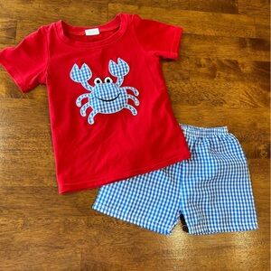 Boutique Boys red blue crab Applique seersucker 2 pc outfit plaid size 2T